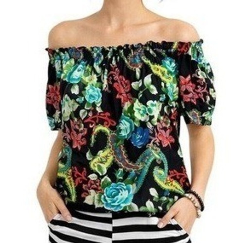 Floral Paisley‎ Smocked Neck Top Short Sleeve Boho Shift Multicolor Black